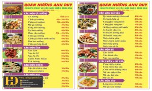 Menu Quán Nướng Anh Duy