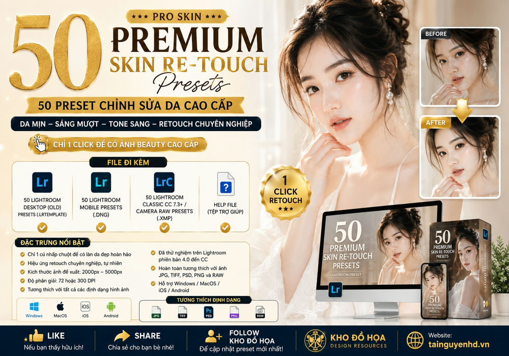 50 Bộ cài đặt sẵn chỉnh sửa da cao cấp