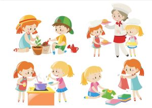 Vector Em Bé Làm Việc, Trồng Cây, Nấu Ăn