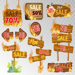 Biển hiệu gỗ giảm giá với hình ngọn lửa