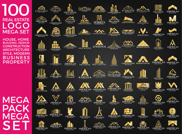 Bộ sưu tập khổng lồ 100 logo bất động sản vàng (dạng vector)