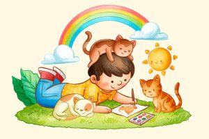 Cậu bé vẽ hình con mèo theo phong cách vector