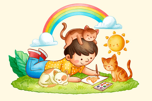 Cậu bé vẽ hình con mèo theo phong cách vector