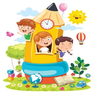 Hình ảnh hoạt hình minh họa những đứa trẻ vui vẻ và căn phòng bút chì đang chơi