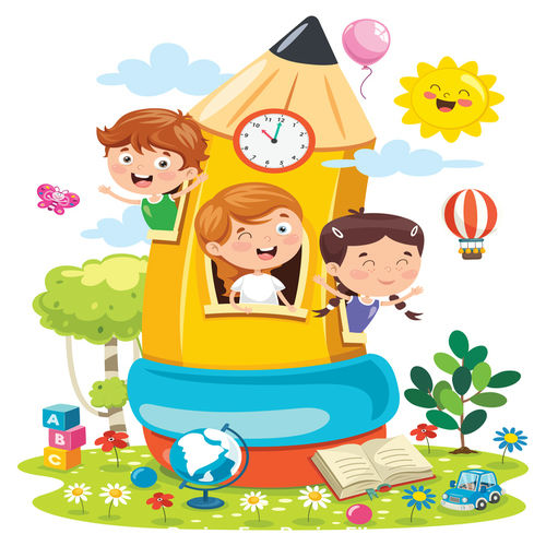 Hình ảnh hoạt hình minh họa những đứa trẻ vui vẻ và căn phòng bút chì đang chơi