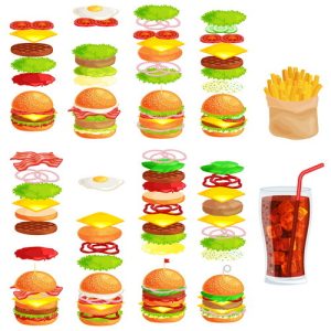 Hình ảnh minh họa bánh hamburger kèm đồ uống và khoai tây chiên