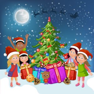 Hình ảnh minh họa trẻ em xung quanh cây thông Noel