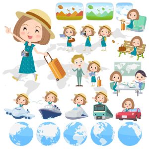 Hình ảnh vector người phụ nữ tóc bob mặc váy xanh lá cây đang đi du lịch